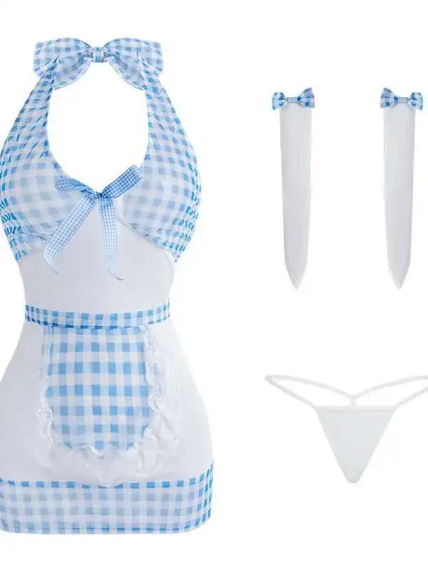 Seksowna Sukienka Bodycon w Stylu Strój Pokojówki z Czystej Pożądania, Elegancka Koszula Nocna, Cienka Siateczka, Koronka, Prześwitująca Krata, Seksowna Sukienka Mini na Ramiączkach, Niebieska 2EXA