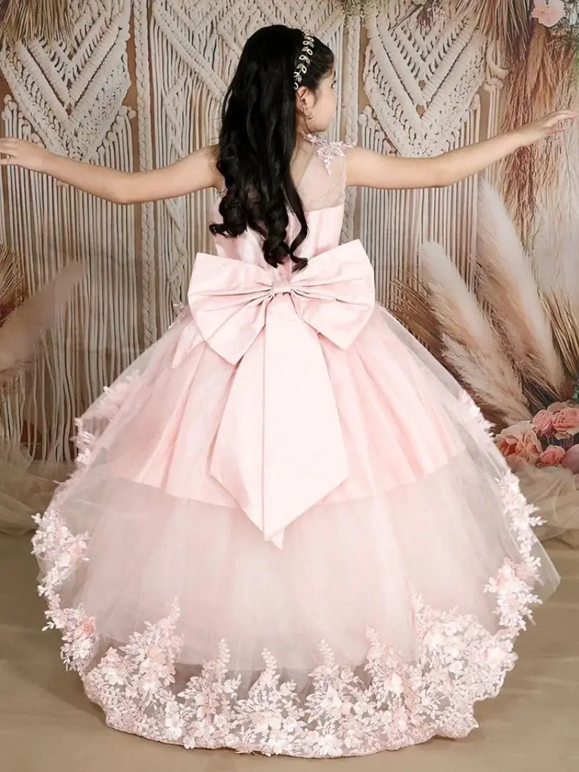 فستان فتاة الزهور الوردي المخصص من الساتان من التول مزين بفيونكة لحفلات الزفاف وأعياد الميلاد والسهرات والحفلات الراقصة وحفلات الأميرة