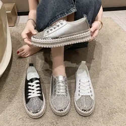 Plus Size 43 Casual Women's Shoes Fashion Lace Up Sequin Flat Shoes for Women Thick Soled Elevated White Shoes Sneakers Women