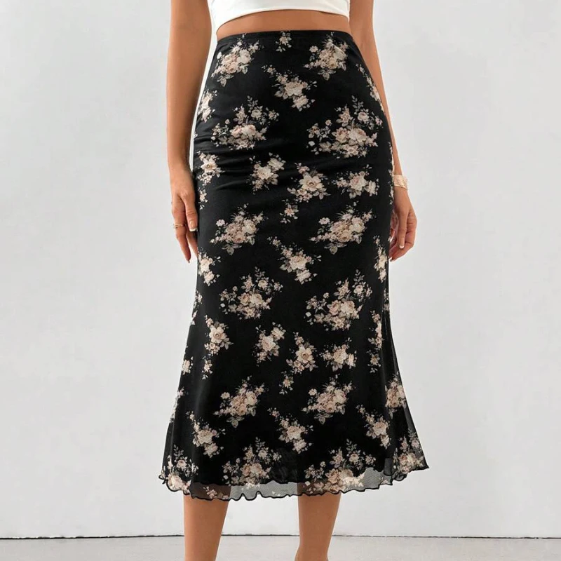 

Vintage Slim Floral Print Trumpet Skirts Woman Street Style Ruffles Mid Calf Skirts Female 2026 Summer Casual High Waist Skirt