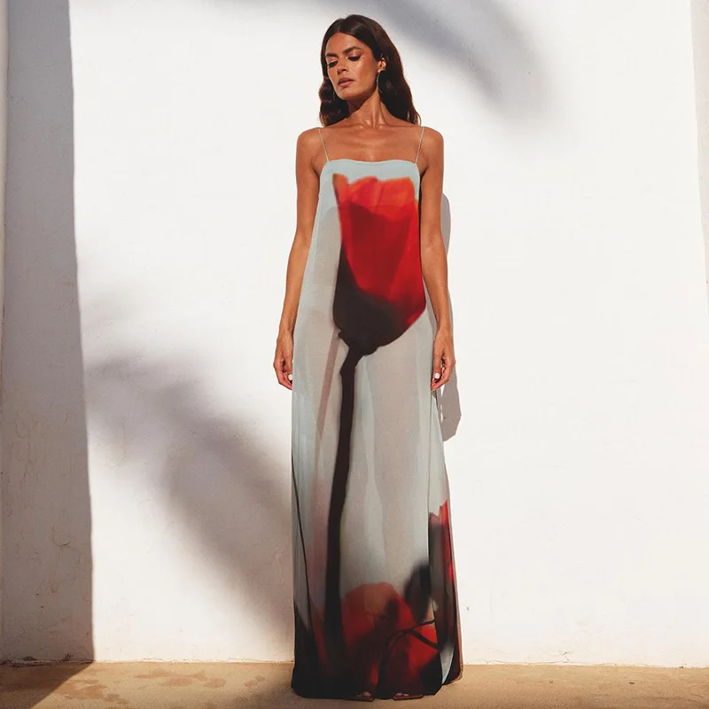 

Summer 2024 Women's Printed Sheer Slip Dress Fashionable Sexy Straight Neck Cinched Waist Temperament Long Skirt