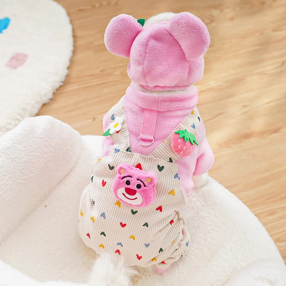 Costume da orso rosa Abbigliamento invernale per cani di piccola taglia Morbida flanella con stampa a cuore Tuta per gatti Traspirante a quattro gambe Abbigliamento maltese