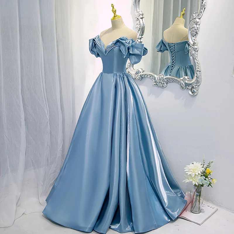 Theme Strap Evening Dress Long Dress for Women 2025 New Blue Satin Long Style French One Shoulder Host Style Performance Dress