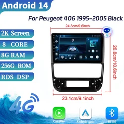 For Peugeot 406 1995-2005 Black Auto Wireless Bluetooth Carplay Radio Stereo Multimedia Player 4G Android Multifunction Screen