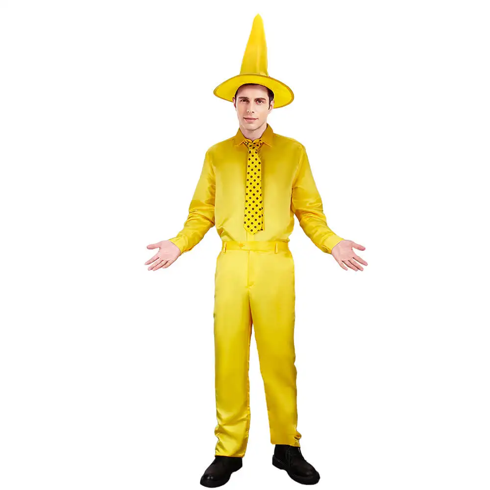 

Men Curious George Cosplay Costume Person in the Yellow Hat Ted Adult Shirt Trousers Hat Tie Halloween Party In Stock Takerlama