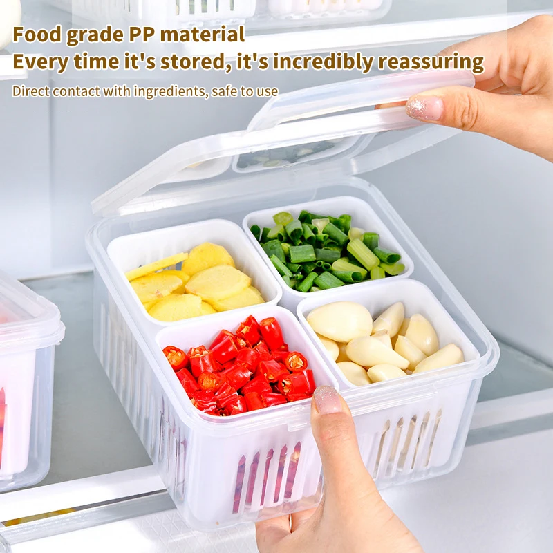 Refrigerator Storage Box 4 Grid Food Vegetable Fruit Meat Onion Division Retain Freshness Storage Box Fridge Organizer