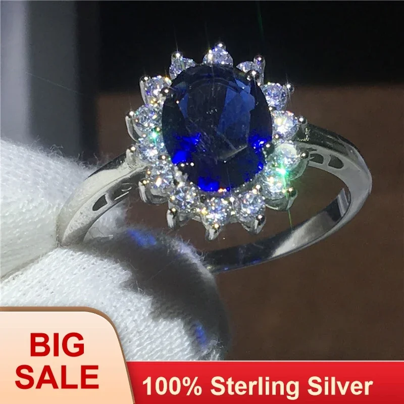 

Royal Jewelry Princess Diana 100% Real 925 Sterling silver ring Blue 5A Zircon Cz Engagement wedding band rings for women Bridal
