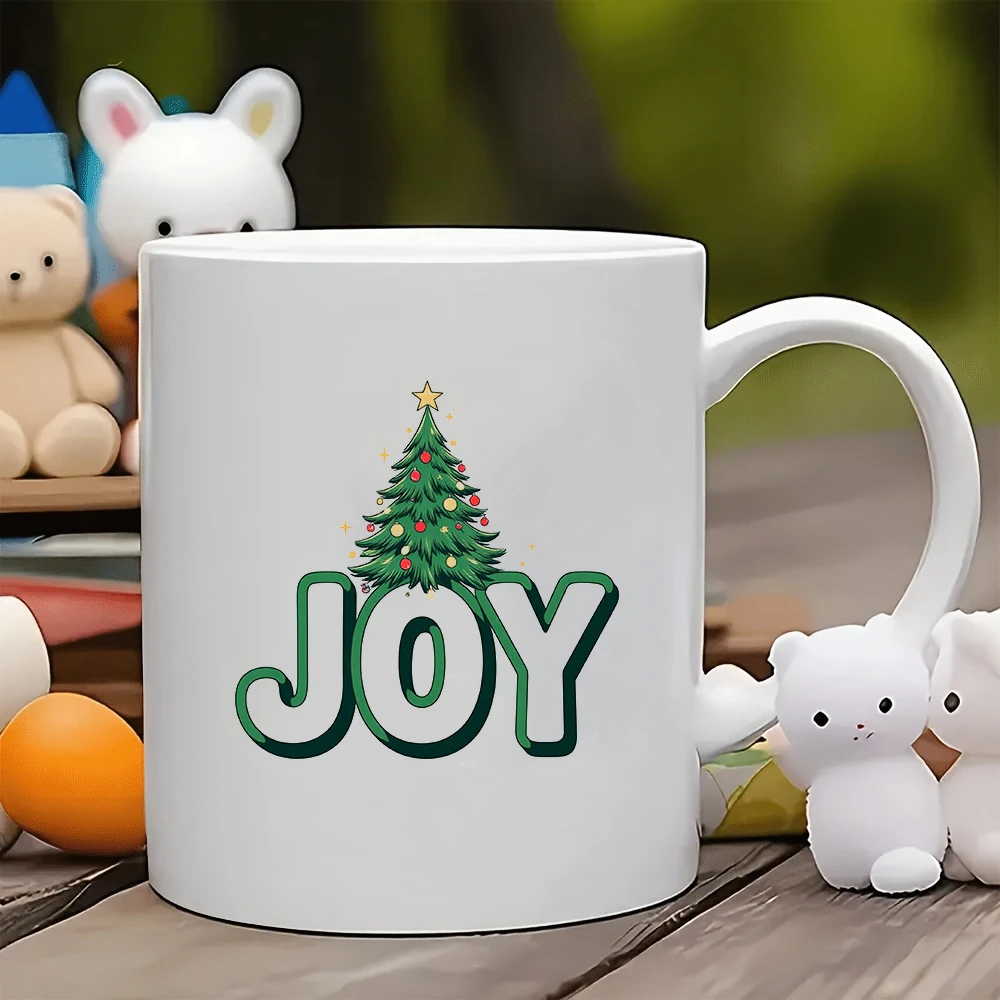 11オンスカップ + 漫画のクリスマスツリー柄 + フェスティブジョイロゴ クリスマスギフト キッズウォーターカップ ファミリーオフィスコーヒーカップ
