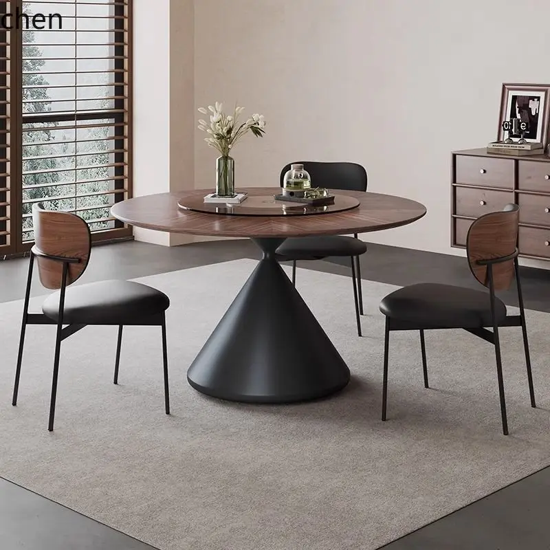 CZ  Dining Table Retro Home Use Round Solid Wood Round Table Black Walnut Wood Inlay Minimalist Small Apartment Dining Table