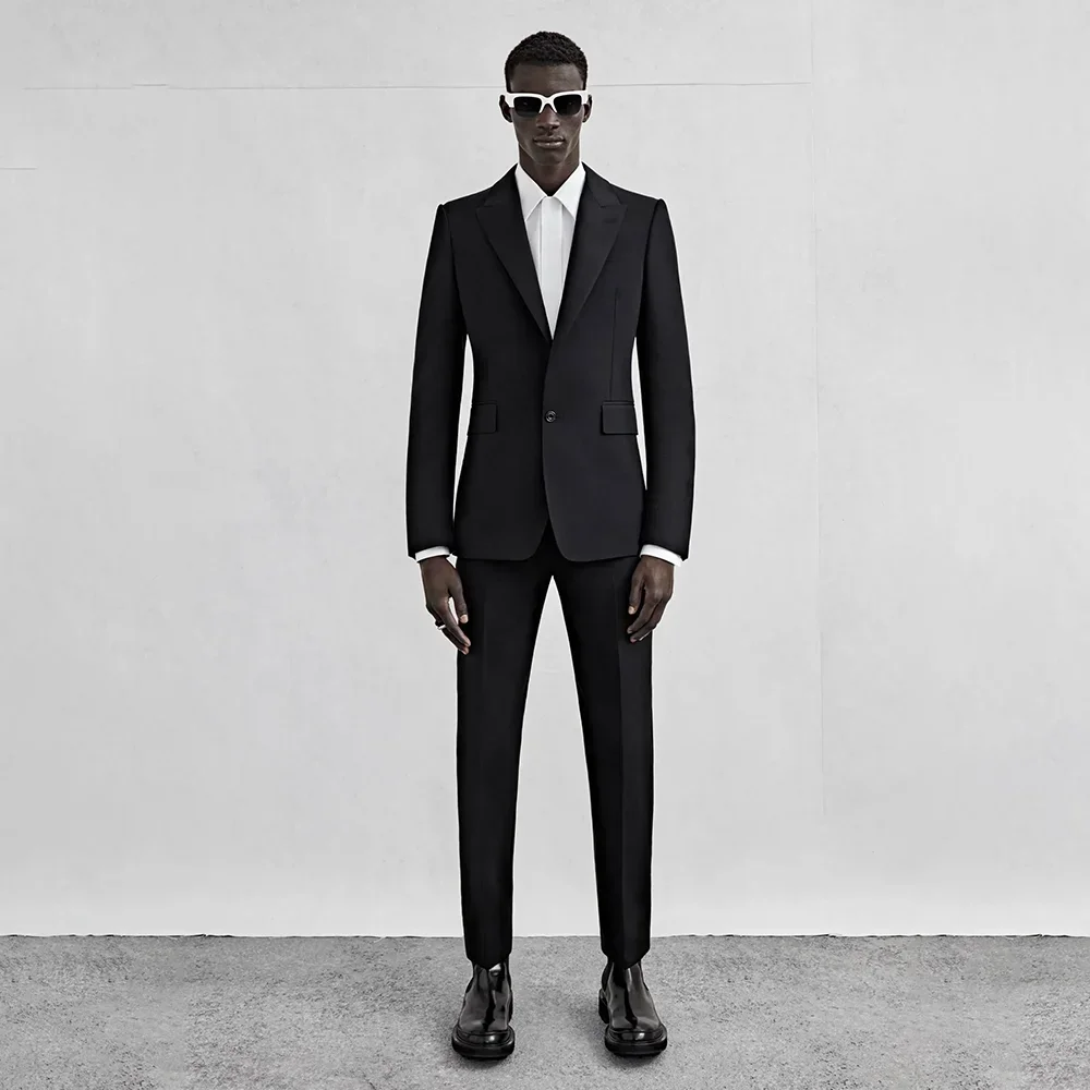 

Black Men Suits 2 Pieces Peaked Lapel One Button Business Male Wear Groom Prom Party Tuxedo Office Daily Custom Blazer+Pants
