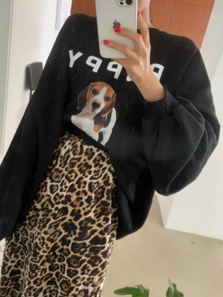 Chic Retro Print Lantern Sve Hoodie Casual Long Sve Sweatirt Dongda Gate Sle for Young Women Commute round Ne