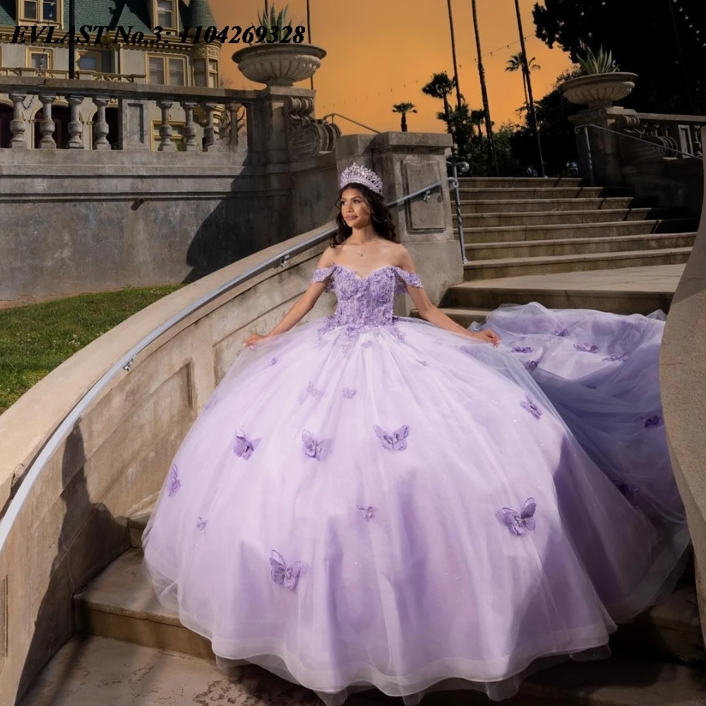 EVLAST Customized Lavender Quinceanera Dress Ball Gown Butterfly Applique Beading Mexican Sweet 16 Vestido De 15 Anos E3Q186