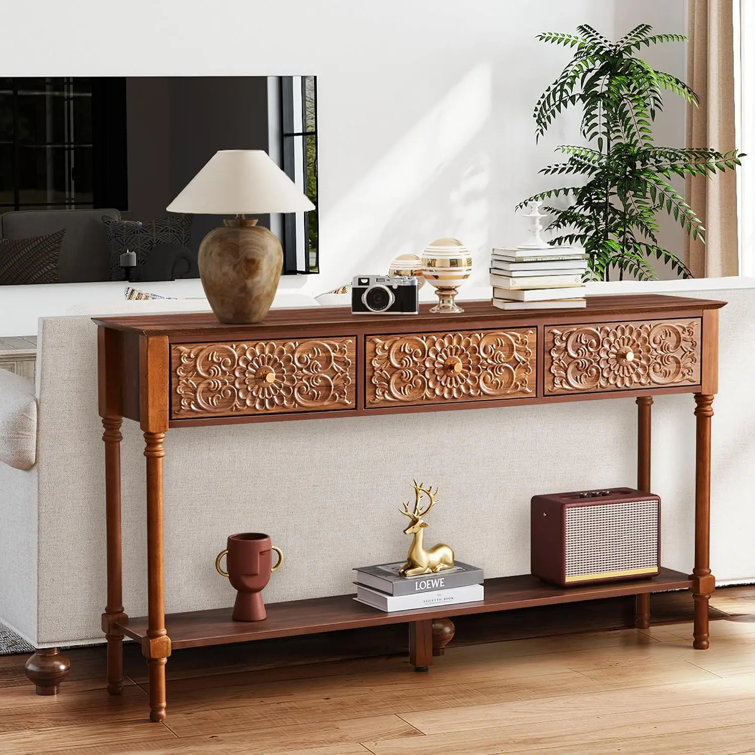 Carved Console Table With 3 Drawers, 2-Tier Entryway Table With Glossy Surface & Wood Legs, Mid-Century , Customized