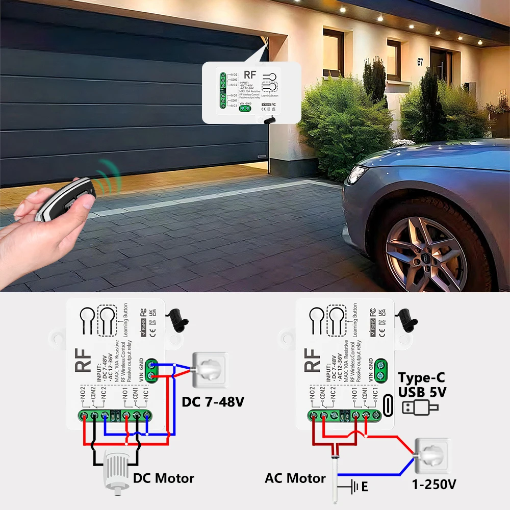 433MHz Wireless Remote Control Switch 50m Long Range DC 12V 24V 10A 2CH Relay Receiver for LED Garage Roller Shutter Gate