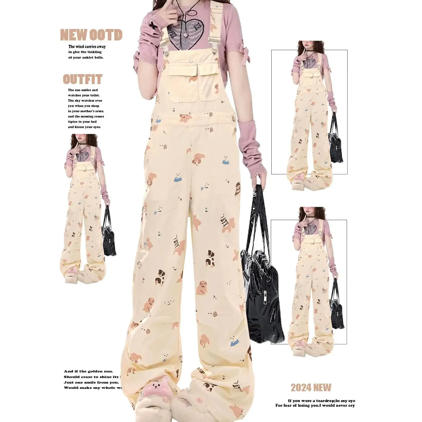 

Women's Vintage Printed Jumpsuits Denim Jumpsuit Y2k Harajuku Overalls Korean Streetwear High Waist Wide Jean Pants 90s Clothes