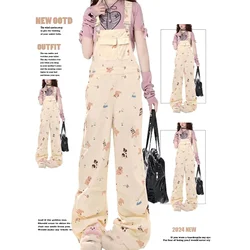 Women's Vintage Printed Jumpsuits Denim Jumpsuit Y2k Harajuku Overalls Korean Streetwear High Waist Wide Jean Pants 90s Clothes