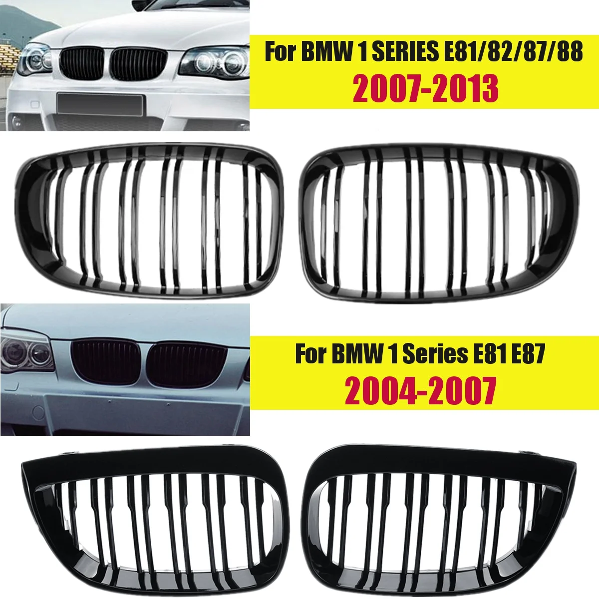 Glossy Black Racing Grills Front Kidney Grille Grill 2 Lines Double Slats For BMW 1Series E81 E87 120I 128I 130I 2004-2013