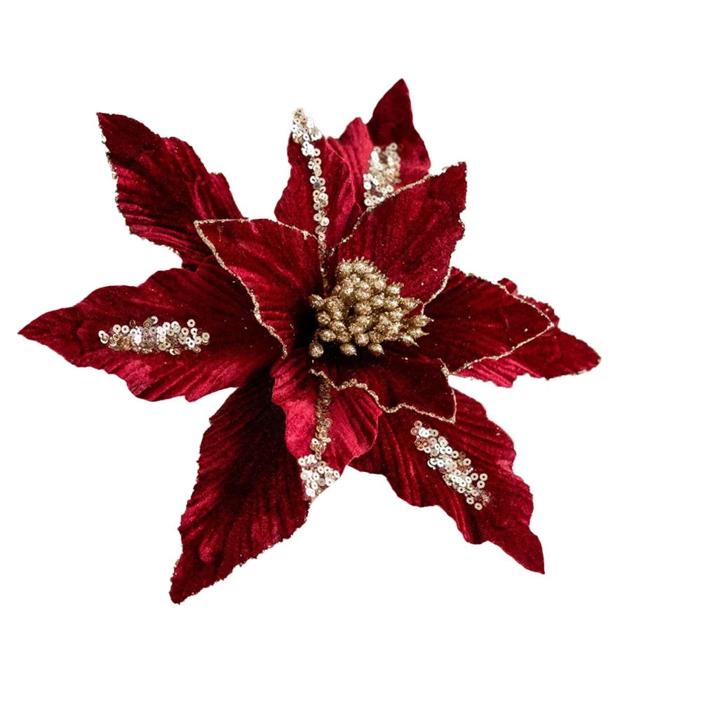 Flannel Christmas Flowers Artificial Christmas Flowers Easy To Decorate Glitter Round Anthers High Quality Material