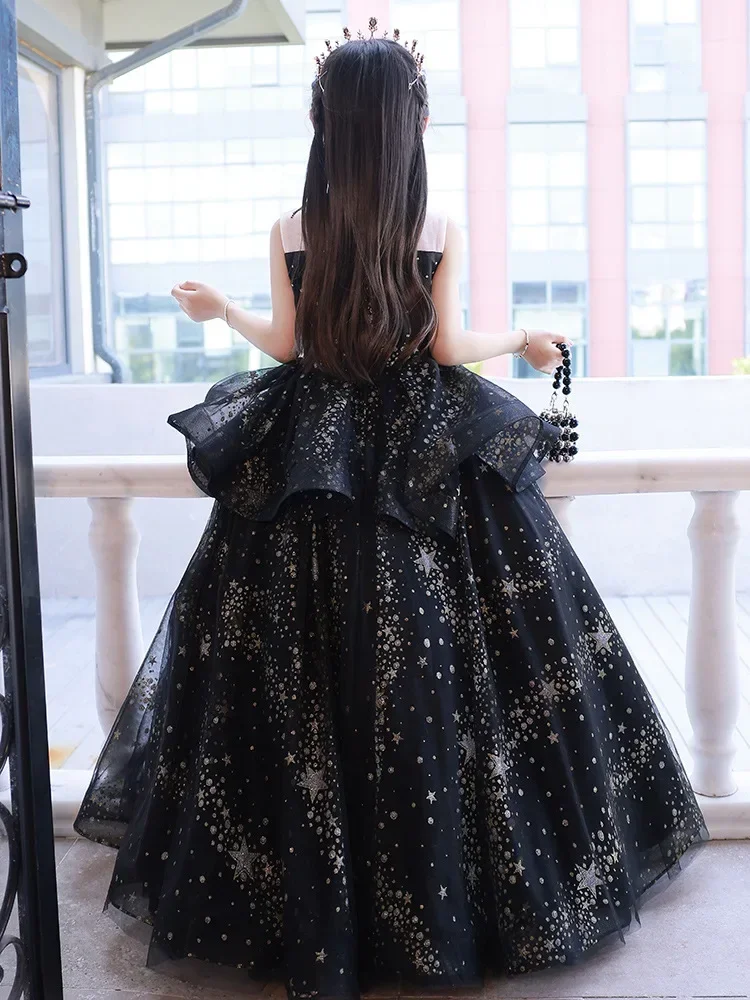 Girls Luxury Party Dress Kids Elegant Black Lace Princess Gown Long Dress Wedding Even Piano Performance Clothes