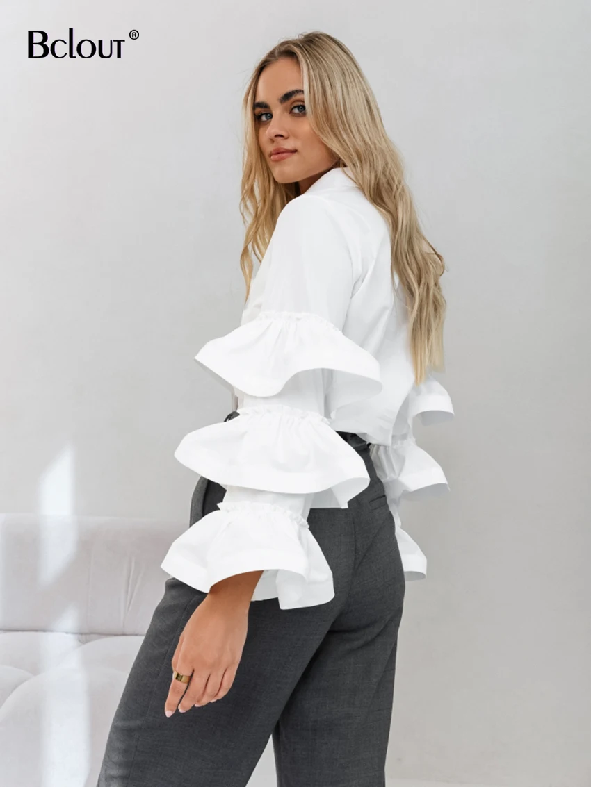 Bclout Fashion Ruffled White Shirts Blouses Women 2023 Elegant Khaki Office Lady Loose Shirts Autumn Patchwork Party Blouses Top