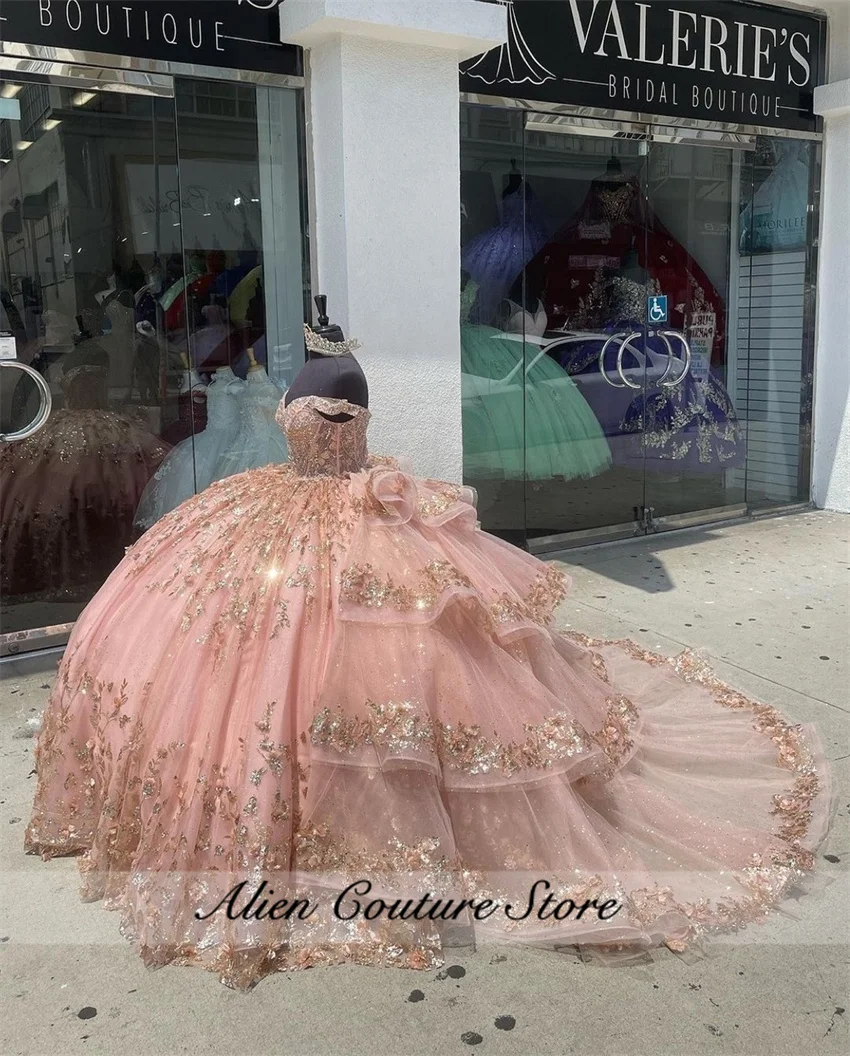 Glitter Diamanten Quinceanera Jurken Prinses Parels Pailletten Appliqué Vestidos 15 Quinceañera 2024 Veterschoenen