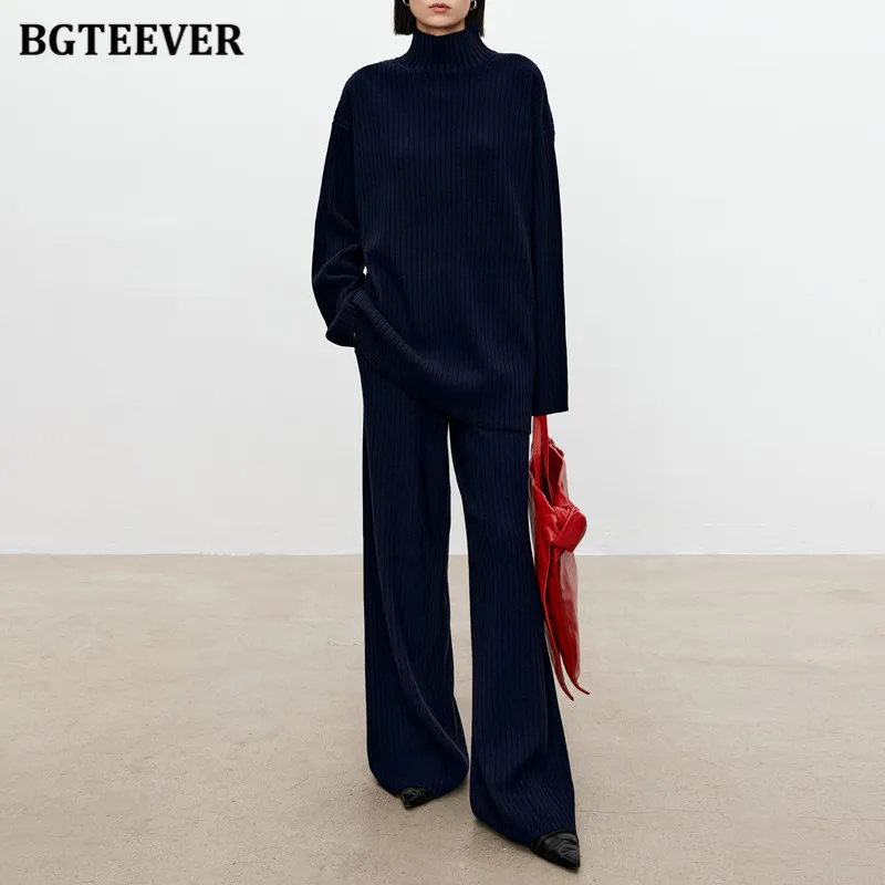 BGTEEVER Autumn Winter Knitted Trousers Set Women Long Sleeve Half Collar Pullovers Female Wide Leg Pants Women Sweater Outfits