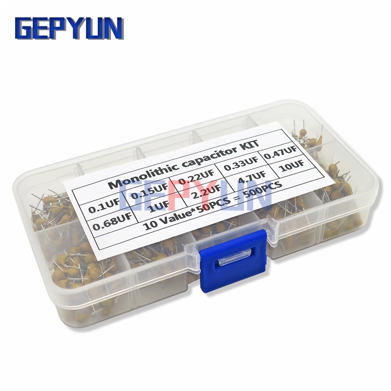 

500PCS/lot Multilayer Ceramic Capacitor Assortment Kit 10Values*50PCS 0.1uF-10uF(104~106) 50V Ceramic Capacitors Set pack