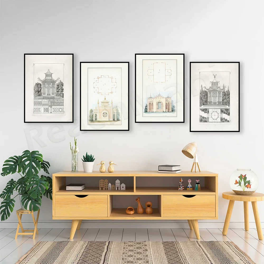 Garden Pavilion Plan Art Poster, Vintage Art, European Art Chinoiserie Wall Decor, Garden Art, Garden Painting, Architecture Art