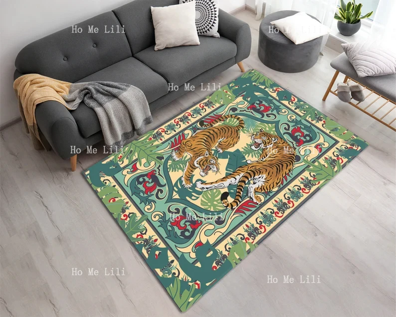 Exquisite Bengal Tiger Printed Area Rug Vibrant Machine Washable Persian Carpet With Bengal Tigers And Jungle Leaves Gift For Ho