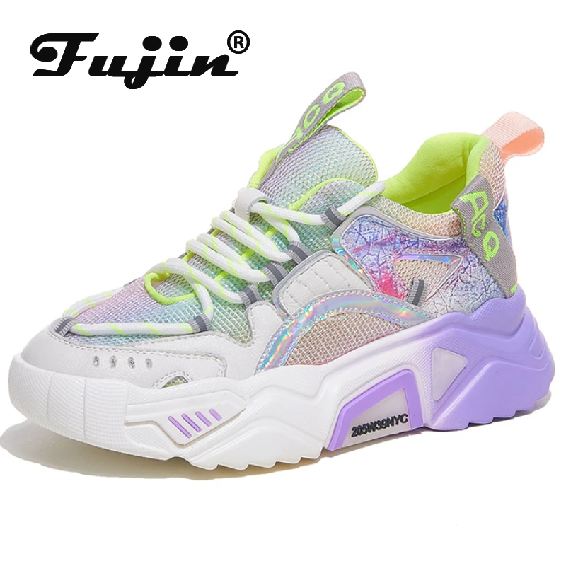 Fujin 5cm Trend Genuine Leather Casual Chunky Sneakers Platform Wedge Women Summer Comfy Glowing Mixed Color Mesh Luminous Shoes
