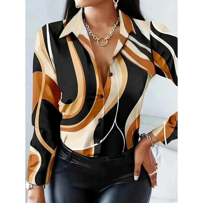 

Plus Size New Women's Spring Fall Print Long Sleeve Button-Up Shirt Ladies Casual Geometric Pattern Top T-shirt