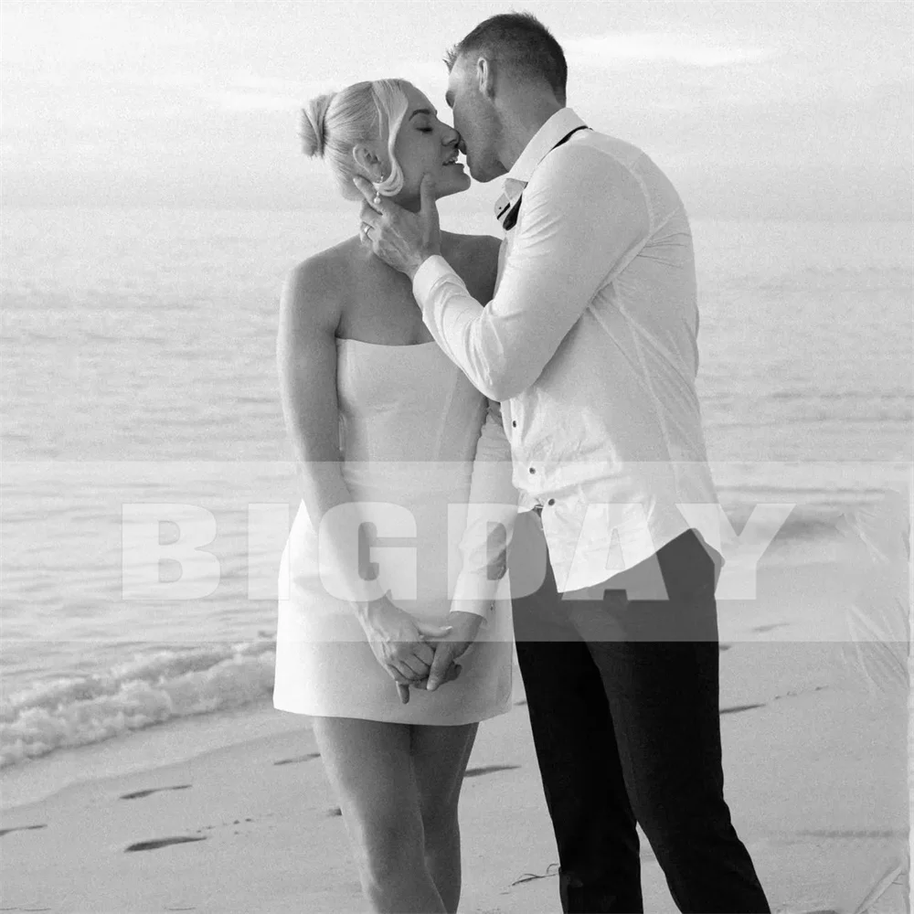 Beach Short Wedding Dresses Women 2025 Long Sleeve Strapless Satin Open Back Above-Knee Bridal Gown Vestidos De Noiva Customized