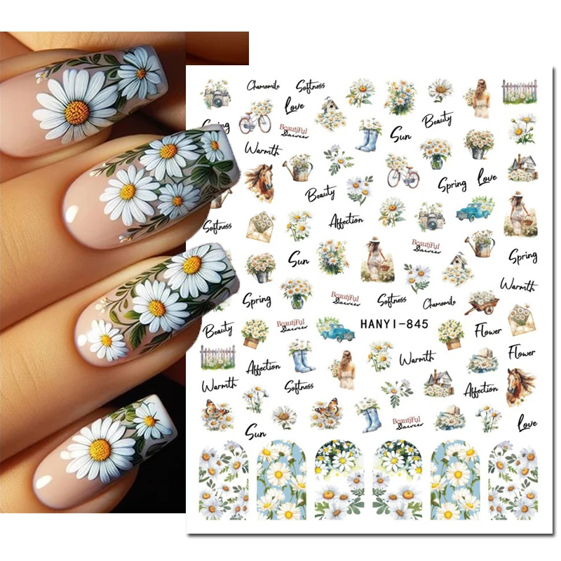 3d arte do prego adesivos branco margarida ramo flores borboletas francês dicas completas unhas decalques decorações para unhas arte manicure dicas