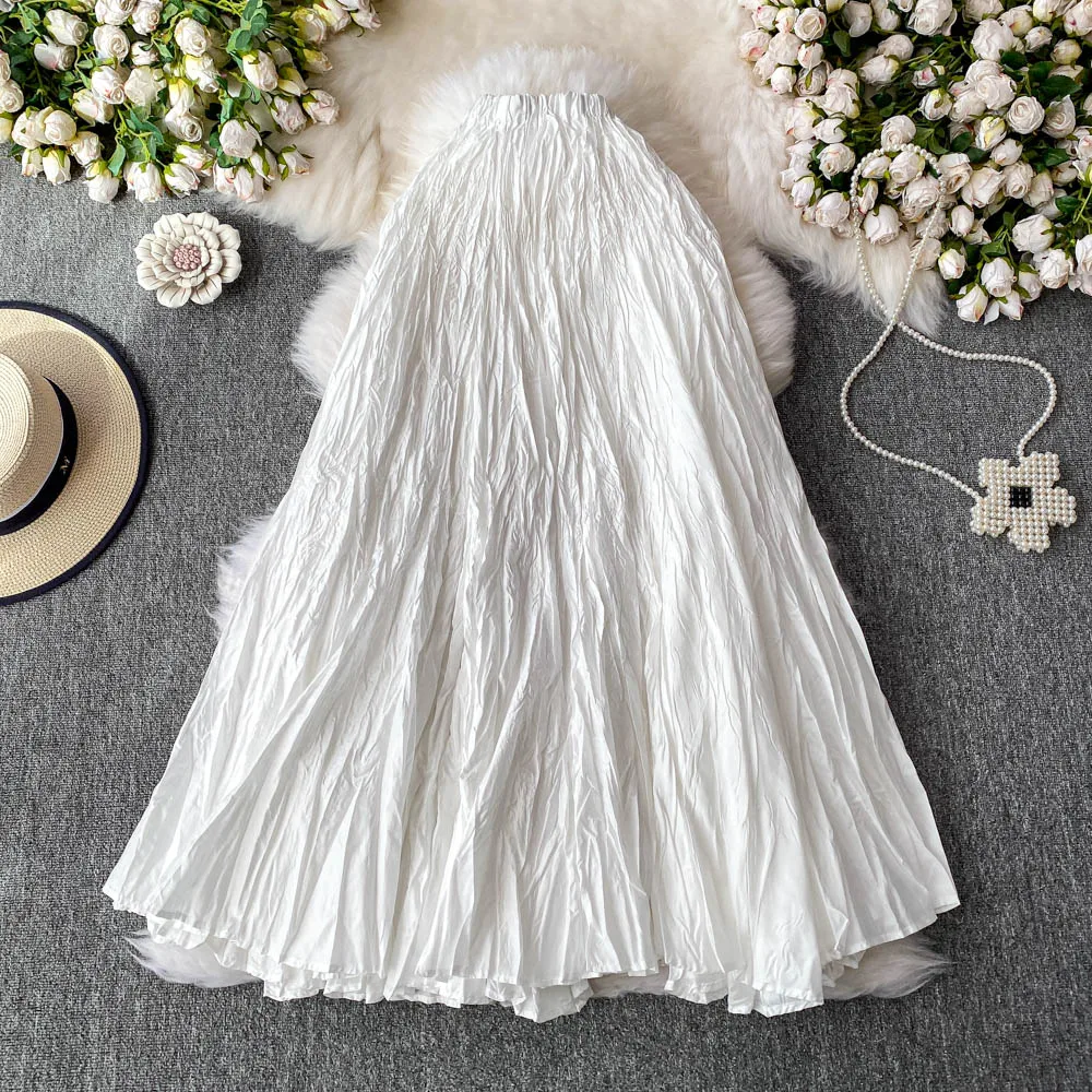 High Waist Asymmetrical Pleated Women's Midi Skirt Summer 2025 Faionable Slimming A-Line Long Skirt Korean Sle