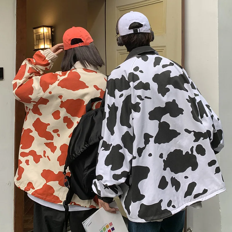 Cow Print Jacket Women Oversize Jackets Harajuku Korean Long Sleeve His-And-Hers Clothes Wear Coat Vintage Loose Streetwear