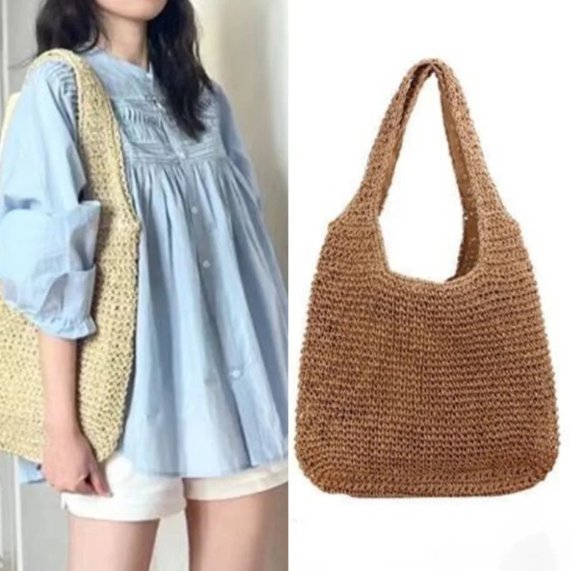 Grass Woven Tote Bag Women Beach Bag 2024 New Lazy Handmade Leisure Zipper Versatile Outgoing Vacation Commute Hollow Out Bag