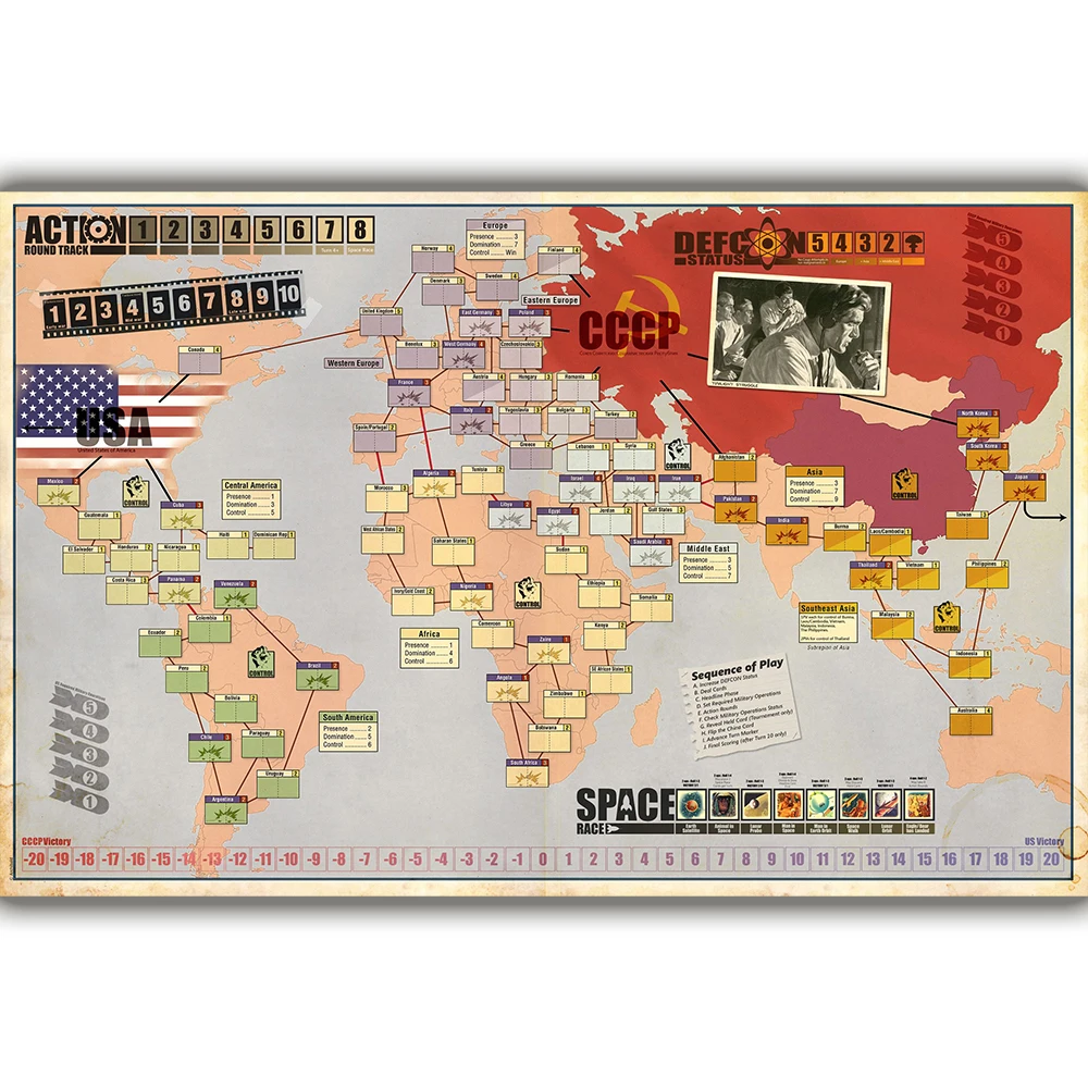 Twilight Struggle Board Game Playmat Board Game Accessories Mat And Twilight Struggle Map With Large Original Size 1:1 Scale Map