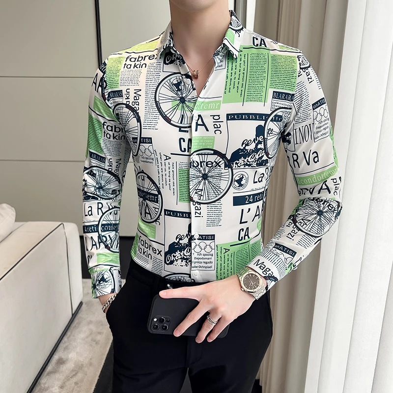 British Style Slim Fit Social Mens Shirts Fashion Digital Printing Long Sleeved Dress Blouse Men Luxury Brand Camisas Masculinas