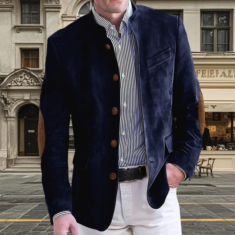 

Fall Retro men's Suit Coat Flannel Single Breasted Elbow Spliced Male Jacket Business Casual Slim Fit Customized Man Blazer