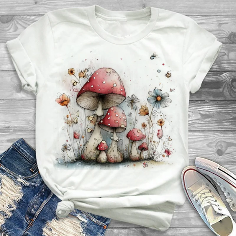 

Mushroom Watercolor Pattern Printed T-Shirt Cute Top O-Neck Style Clothing Cartoon Casual Women's Printed Short Sleeved T-Shirt