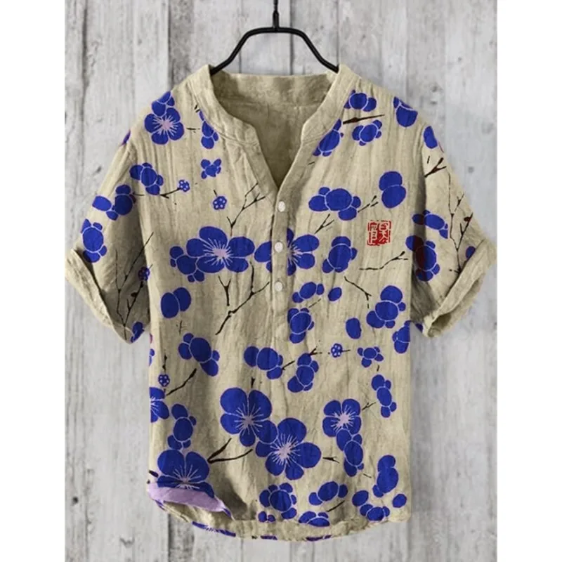 2025 Men's Comfortable Loose Short-sleeved Shirt Linen Blended Breathable Top Fashionable Casual Multi-color Optional Men's
