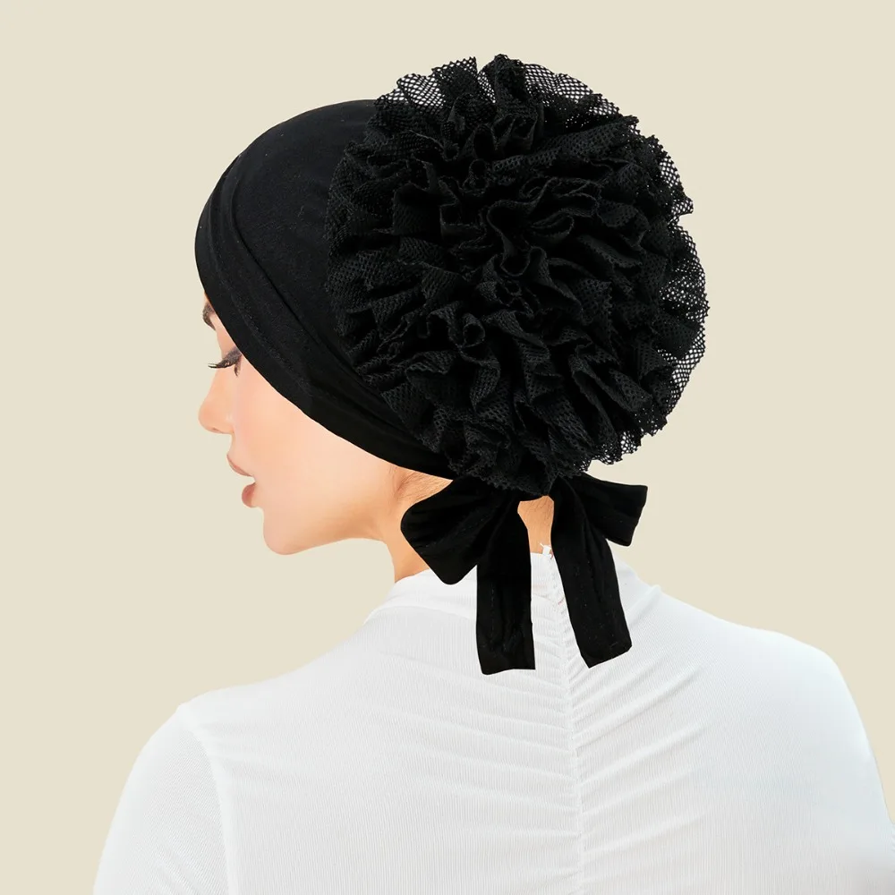 

Solid Color Pre-tied Hijabs Back Lace Flower Tie Back Turban Hat Thin Modal Breathable Women's Hijabs Women Head Covering