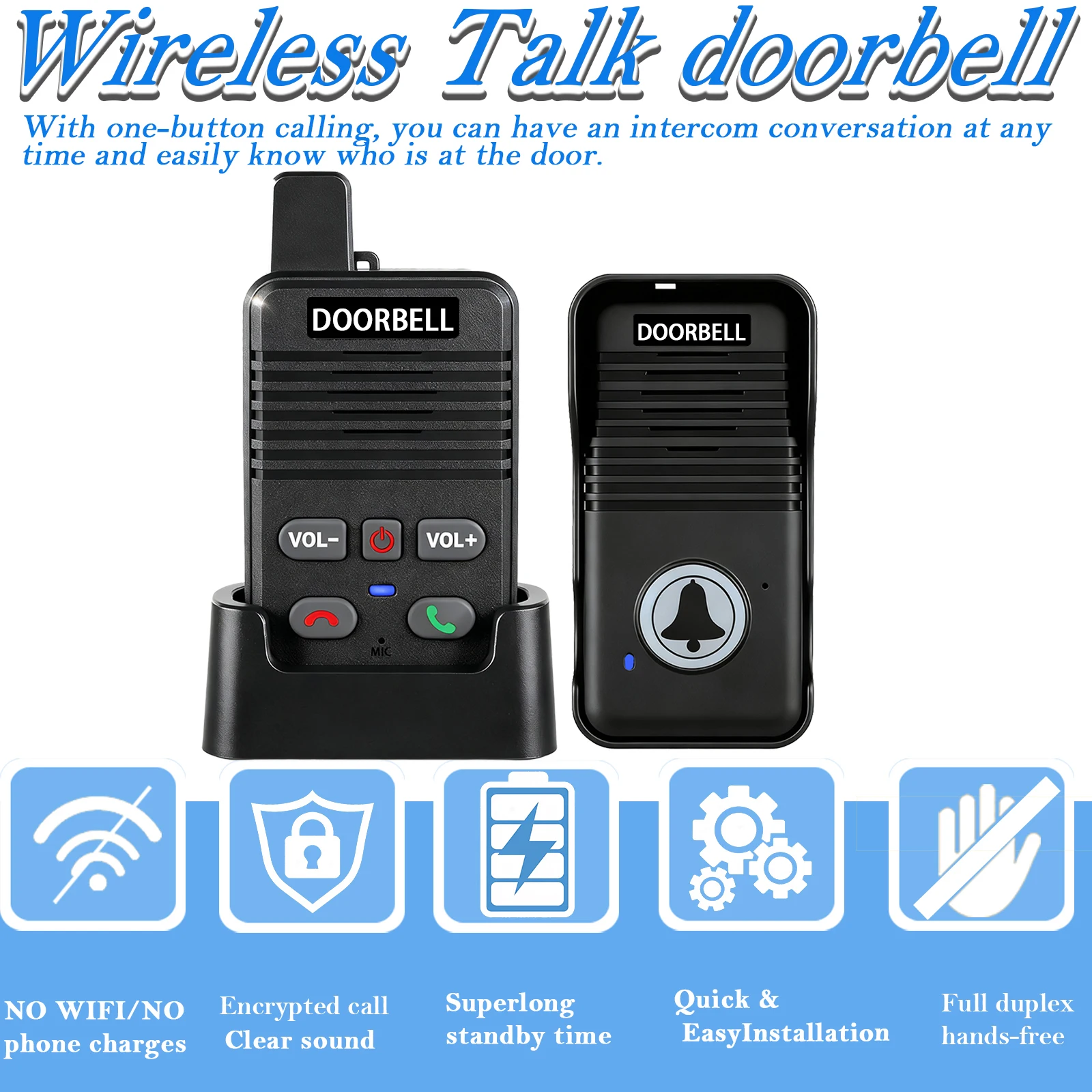 Wireless Intercom Doorbell, Long Range, 2 Way Communication System for Home, Black, 1 pack