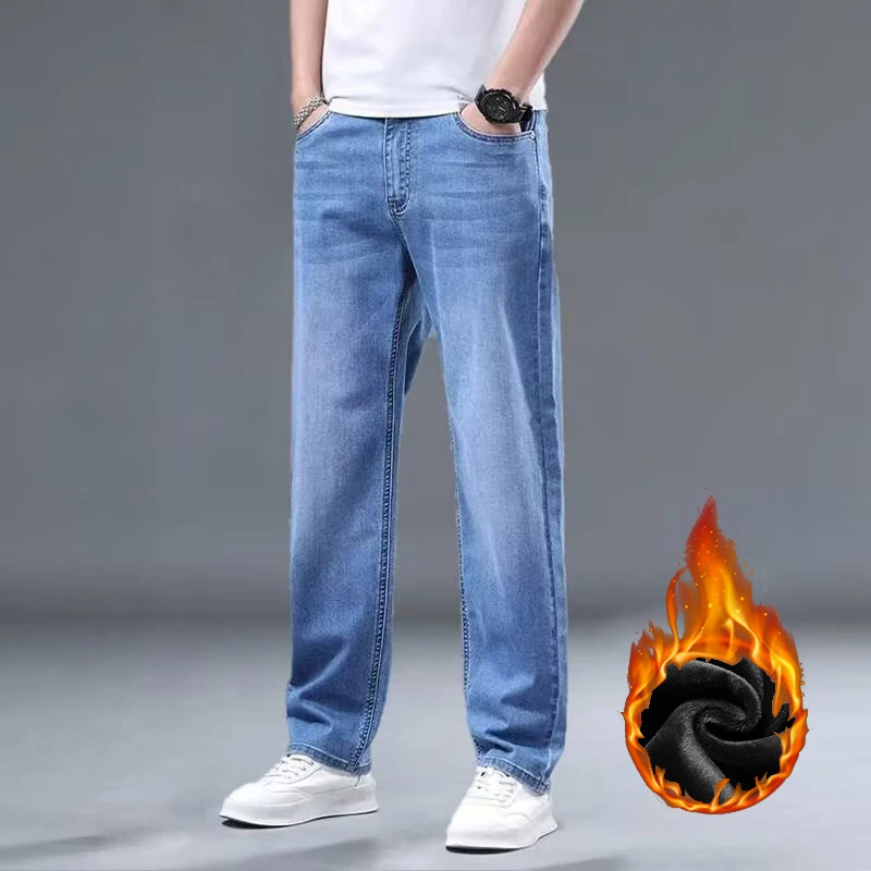 2026 Winter Hot Sale Slim Fit Jeans Men Thickened Warm Stretch Straight Leg Denim Trousers Male Classic Windproof Pants