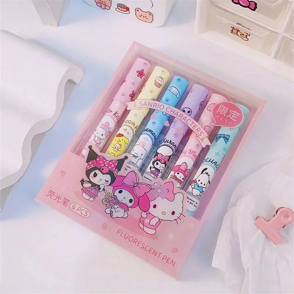 Juego de rotuladores fluorescentes Sanrio Hello Kitty Cinnamoroll, 6 uds., Kawaii Kuromi Melody Art, bolígrafos, regalos para niñas