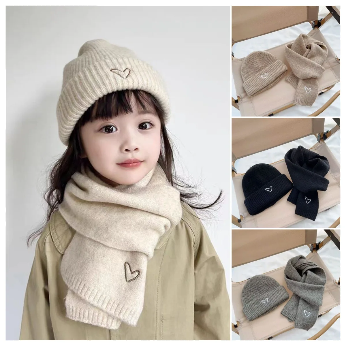 

Kids Knitted Hat and Scarf 2Pcs Sets Heart Embroidery Design Warm Winter Headwear Neck Warmer Soft Knit Outfit for Boys Girls