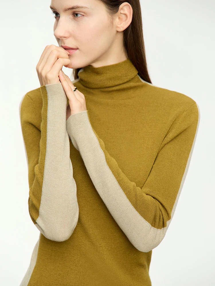 AMII Minimalism Patchwork Women Sweater 2024 Spring Slim Turtleneck Long Sleeve Two Side Wear Wool Sweaters Knitted Top 12363001