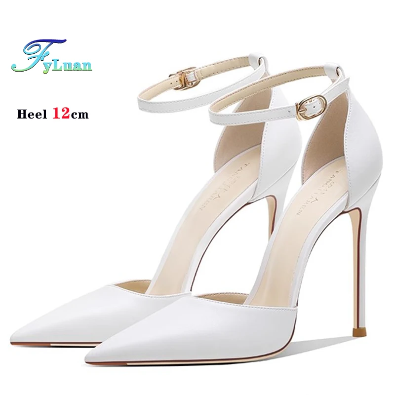 

Sheepskin Buckle Strap White High Heels for Women With Pointed Toes Thin Heels Sandals Ankle-Wrap 6-12cm Professional Stiletto