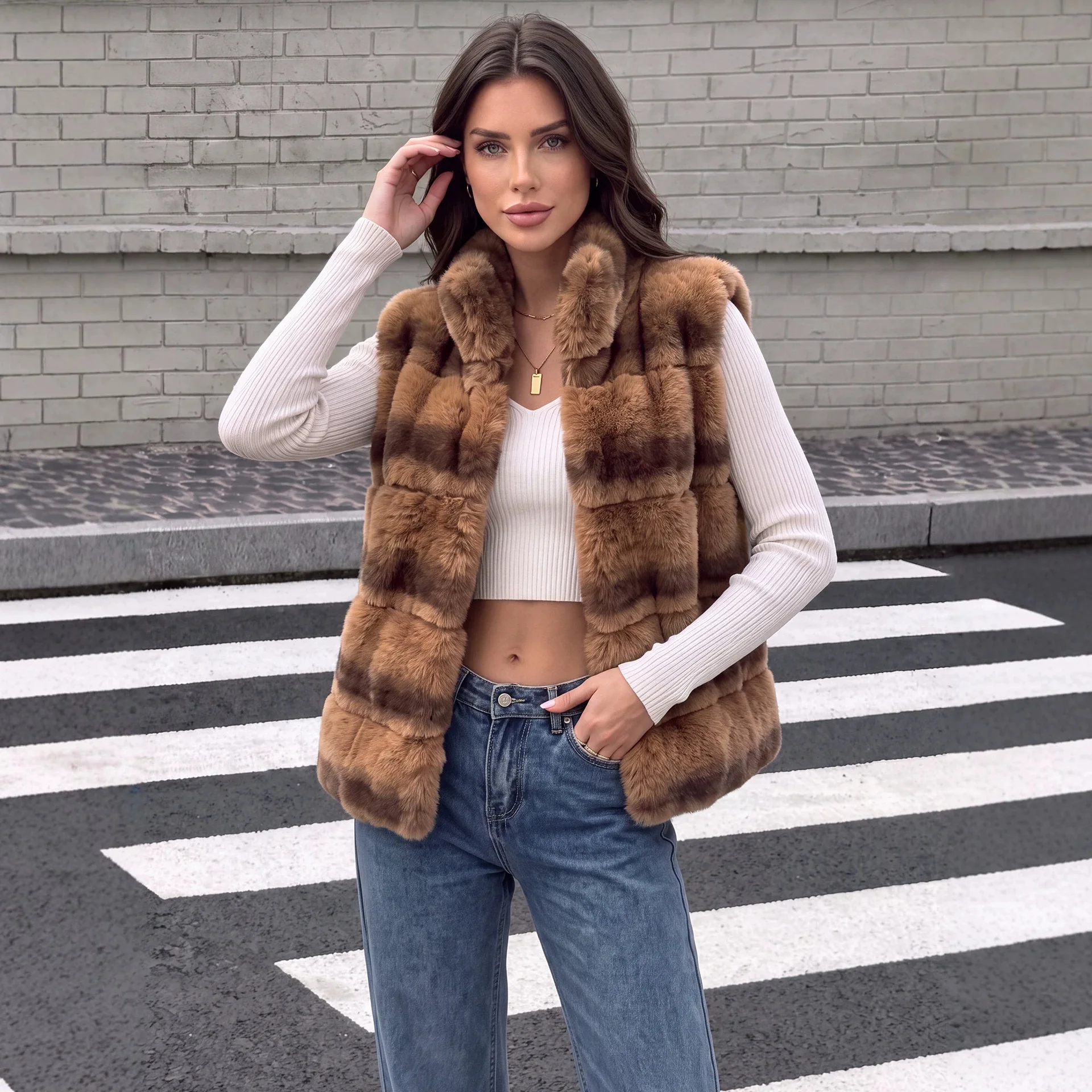 Imitation fur vest women's fashion versatile autumn and winter two-color splicing sleeveless outer vest wholesale