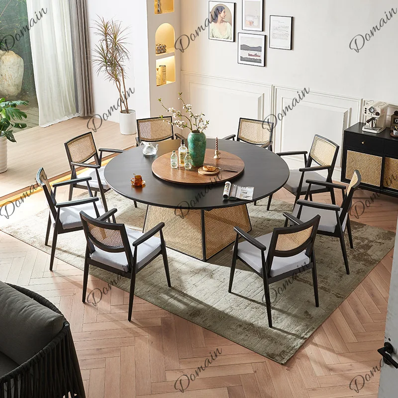 Wabi Sabi Rattan Solid Wood Dining Table Set with Lazy Susan Round Table for Restaurant Hotel Home
